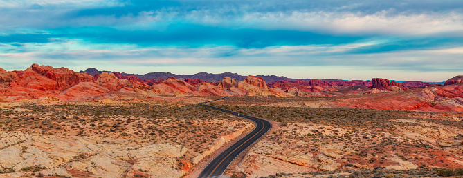 Scenic road in the red rock canyons. Valley of Fire, United States. Adventure Travel.