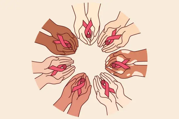 Vector illustration of Red ribbons symbolizing fight against AIDS and HIV infection, in hands of various people