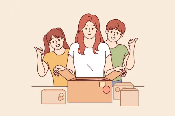 Vector illustration of Mother and children prepare donation boxes, wanting to be useful to society and volunteer