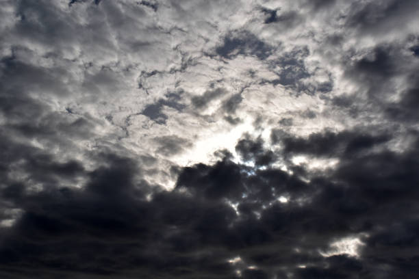 Dramatic stormy sky background. Dark gray fluffy cloudy sky. Cloudscape background concept. Rainy season background. Thunderstorm concept.