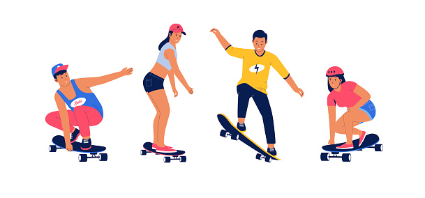 Set of modern skaters jumping with skateboards. Character with skateboard jumping vector illustration
