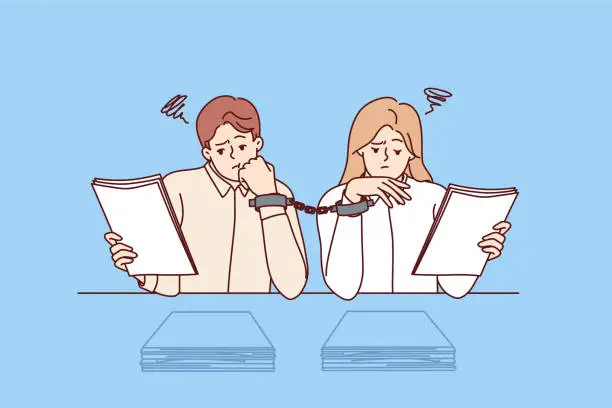 Vector illustration of Paperwork forces handcuffed colleagues to do overtime, sitting at desk with papers