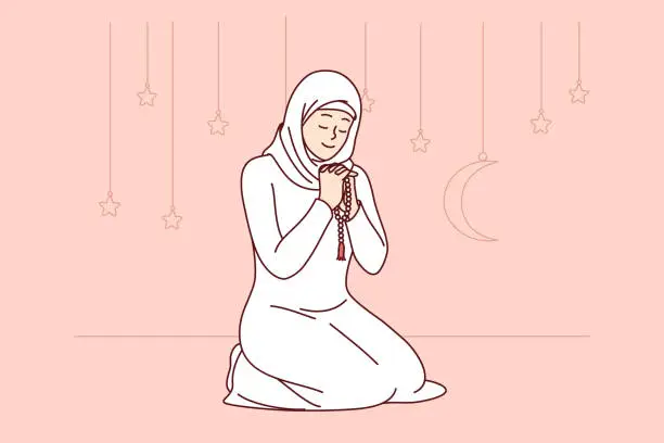 Vector illustration of Muslim woman honors holy month of ramadan, reading prayer sitting on knees, wearing islamic clothing