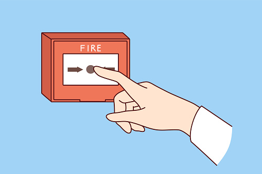 Fire alarm button on wall and hand of person who wants to notify everyone about emergency situation. Fire alarm technologies for prevention combating consequences of flame spread throughout building