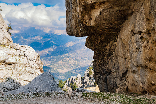 Rocks and mountain road near Kapikaya Ancient City and Rock Climbing Area, Isparta province, Turkiye