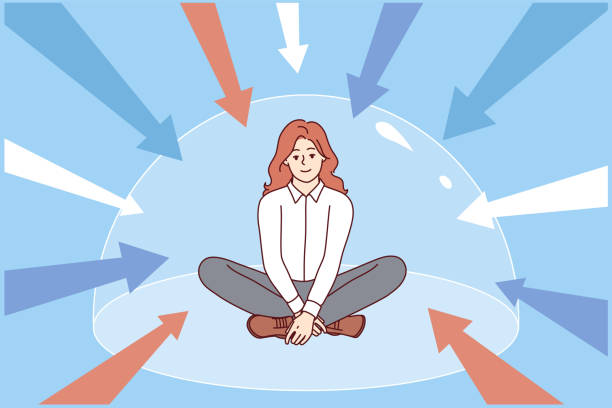 Woman sits in dome protecting from external negative influences, for concept of good mental health Woman sits in dome protecting from external negative influences, for concept of good mental health. Metaphor of invisible immunity protecting against harmful unwanted interference in personal space person sitting on fence stock illustrations