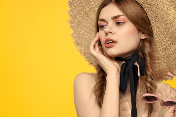 istock romantic lady in straw hat sunglasses model dress emotions 2104952852