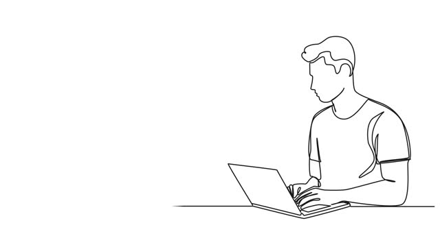 animated single line drawing of young man using laptop computer