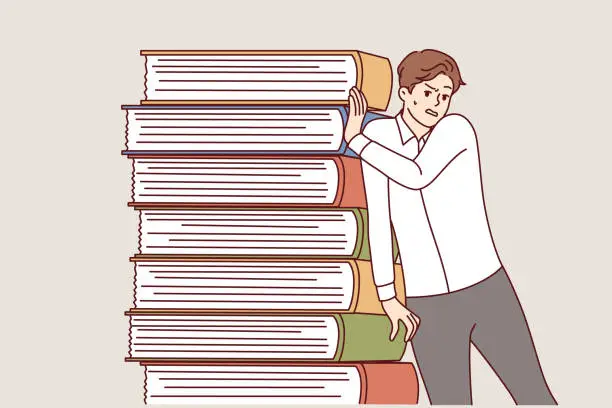 Vector illustration of Tired business man near stack books is experiencing difficulties due to corporate training material