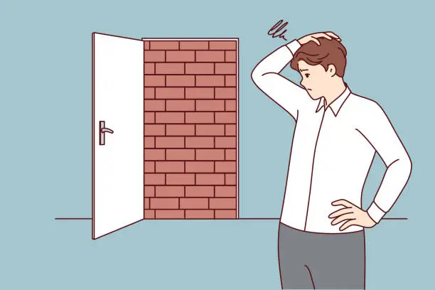 Vector illustration of Business man is at dead end, looking for way to situation, standing near door blocked with bricks