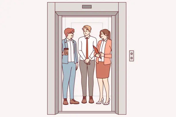 Vector illustration of Business people ride in elevator together, going up to another department of corporation