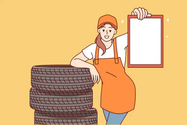 Vector illustration of Woman mechanic from car repair shop stands near replacement tires for car wheels, holds clipboard