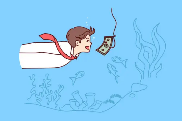 Vector illustration of Money trap in front of business man swimming underwater with banknote on fishing rod hook