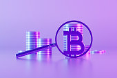 Bitcoin symbol with coins and magnifying glass, financial background, neon lighting