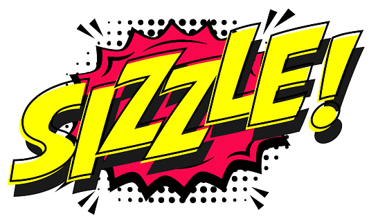 SIZZLE comic book style word with a backdrop of contrasting halftone dots in yellow, green, and pink color