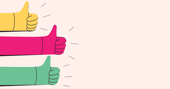 Illustration of hands with thumbs up in a row, radiating positivity and consensus in bright tones on a clean background