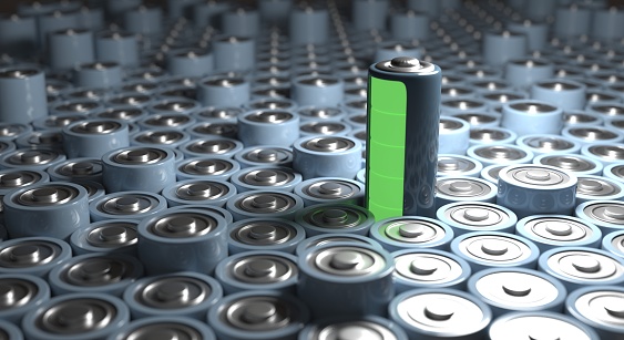 Rechargeable cell, batteries, batteries background, clean energy, green energy highlighted (3d illustration)