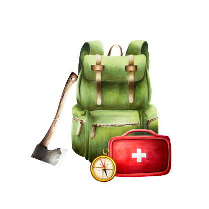 Watercolor hiking and camping backpack, first aid kit, gold vintag compass and axe illlustration. Mountin equipment for recreation tourism and adverture isolated on white background. Clip art for designers, travel business, postcards, scrapbooking, c