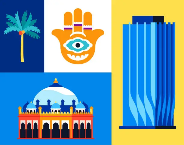 Vector illustration of Memorable places and souvenirs of India - set of flat design style illustrations