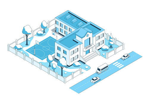Primary school and basketball court - vector isometric illustration. A municipal educational institution next to the highway where cars drive. Urban environment. Getting knowledge and doing sports