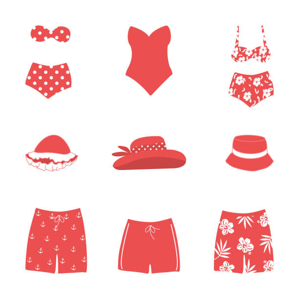 strój kąpielowy na białym tle. zbiór - swimming trunks bikini swimwear red stock illustrations