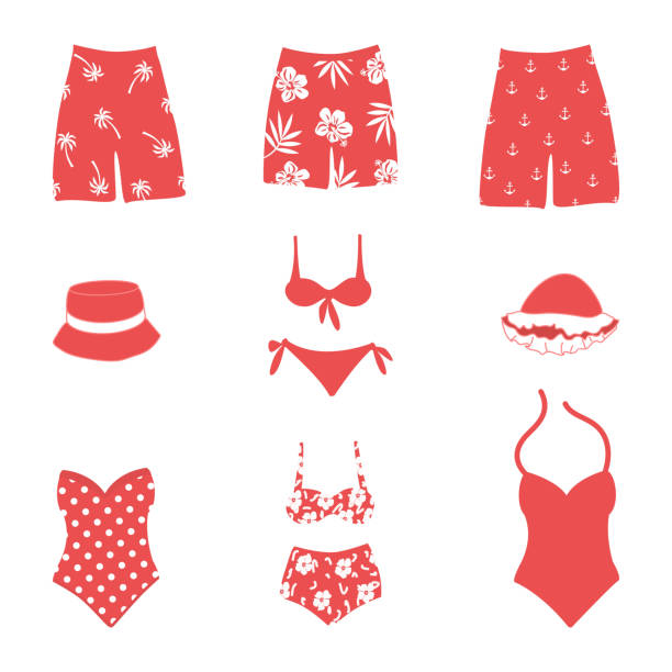 白い背景に隔離された水着。セット - swimming trunks bikini swimwear red点のイラスト素材／クリップアート素材／マンガ素材／アイコン素材