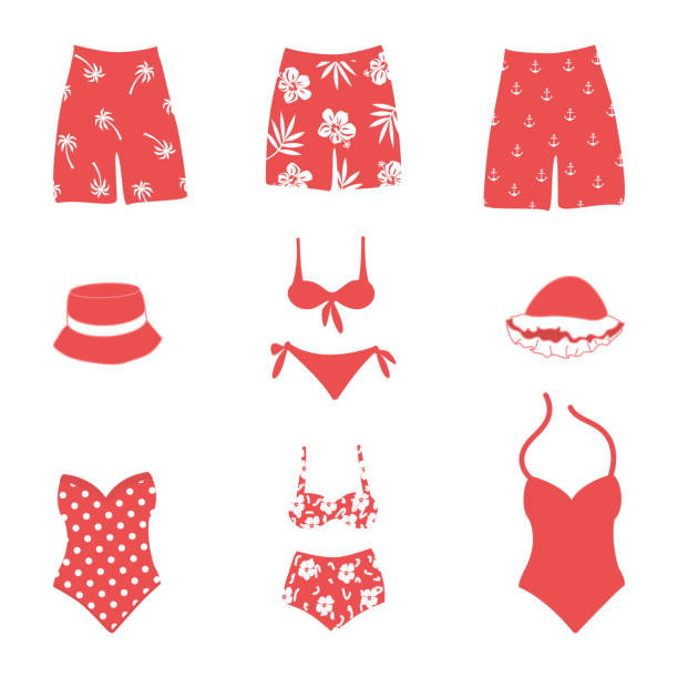 strój kąpielowy na białym tle. zbiór - swimming trunks bikini swimwear red stock illustrations