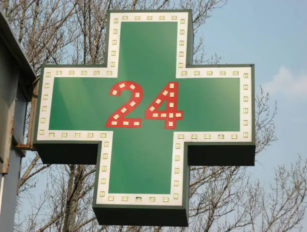 Photo of medical  twenty-four-hour drugstore signboard