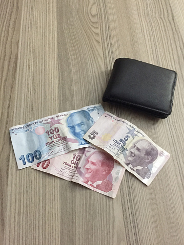 Turkish currency. Turkish Lira banknotes and a wallet on wood table with copy space