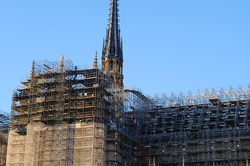 A close-up of the new spire of Notre Dame. Paris, France - March 22, 2024.