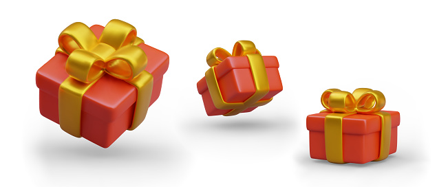 Collection of gift boxes with golden bow-knot in different positions. Happy New Year celebration. Holiday surprise box, gifts for children. Vector illustration in 3d style