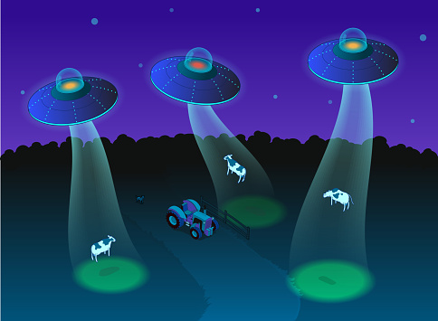 UFO flying over barn collecting cows for research