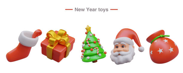istock Stocking for gifts, box tied with ribbon, decorated Christmas tree, Santa Claus 2105108520