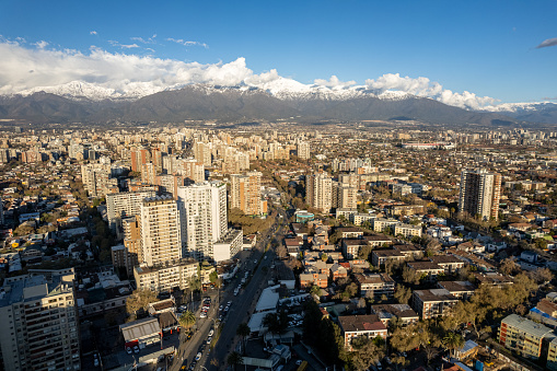 Aerial view of Santiago de Chile and the snowy Andes