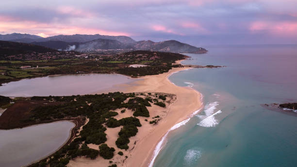 istock Beautiful aerial drone view of Sardinian coast during sunset. 2105171345