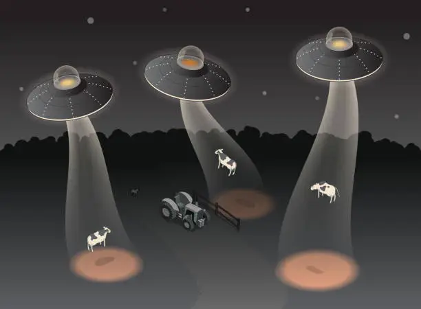 Vector illustration of UFO abducting cows, forest landscape