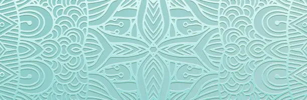Vector illustration of Banner. Relief geometric luxury decorative 3D pattern on a light background. Tribal ornamental cover design. Ethnicity of the East, Asia, India, Mexico, Aztec. Boho style and handmade.