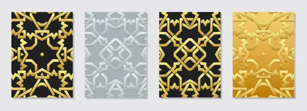 Vector illustration of Set of decorative covers, vertical templates. A collection of embossed, geometric backgrounds with ethnic gold 3D patterns. Ornamental handmade creativity of the East, Asia, India, Mexico, Aztec.