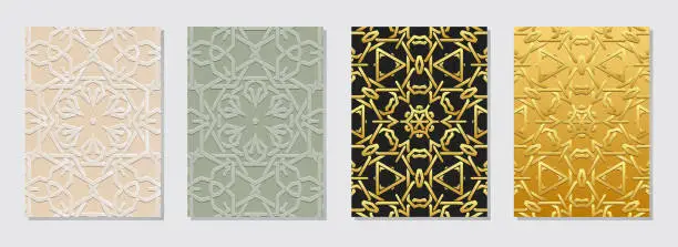 Vector illustration of Set of artistic covers, vertical templates. A collection of embossed, geometric backgrounds with ethnic gold 3D patterns. Ornamental handmade creativity of the East, Asia, India, Mexico, Aztec.