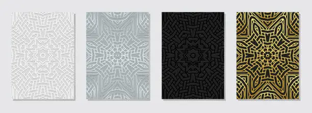 Vector illustration of Set of exotic covers, vertical templates. A collection of embossed, geometric backgrounds with ethnic gold 3D patterns. Ornamental handmade creativity of the East, Asia, India, Mexico, Aztec.