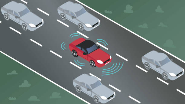 istock Vector illustration of a self-driving car with smart sensors on a highway. Autonomous Vehicle with advanced sensors, navigating confidently among conventional cars. 2105260942