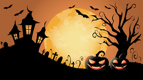 Vector illustration of a halloween scene with a haunted castle, full moon, bats and Jack o lanterns in silhouettes. Halloween celebration, Greeting card, party poster.