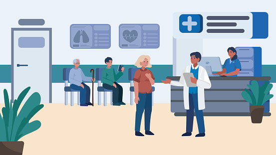 Cartoon style vector illustration of hospital waiting hall. People sitting in chairs and waiting for doctor's appointment. Hospital, health care concepts.
