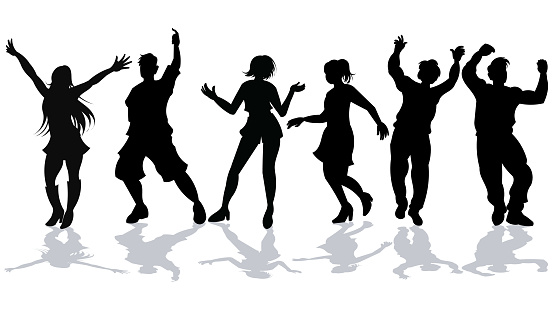 Silhouettes of a group of people dancing against a white backdrop. Vector illustration.