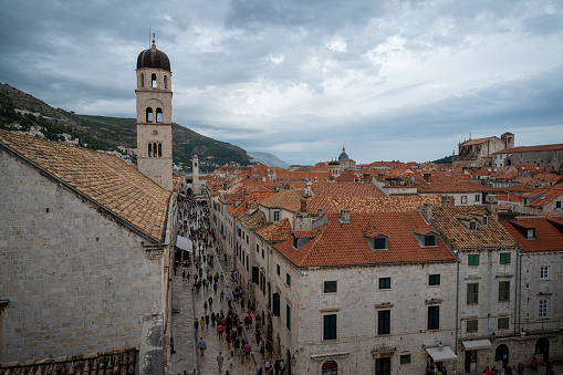 Elevated view of Dubrovnik, showing historic center and tiled roofs