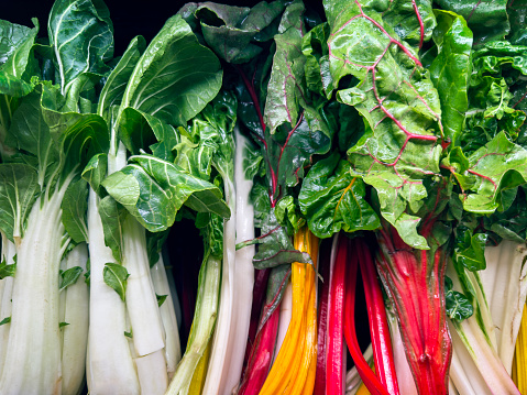 Colorful Chards and Bok Choy in supermarket display