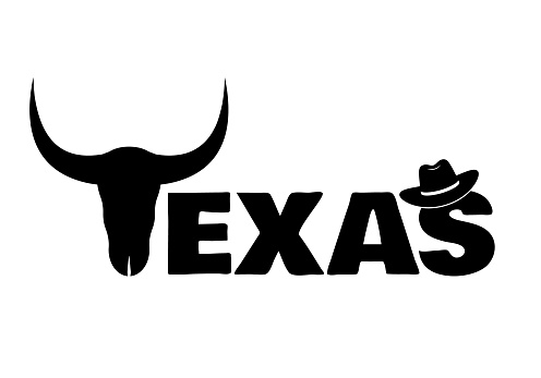 Texas inscription with cow skull and cowboy hat. USA patriotic sign. Vector template for typography poster, banner, flyer, shirt, etc