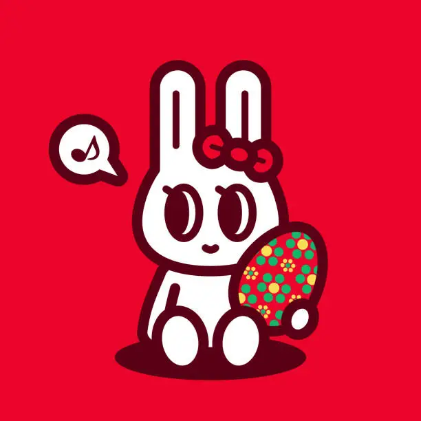 Vector illustration of A cute bunny wearing a hair bow, holding an Easter Egg, sits on the ground, looking to her right side