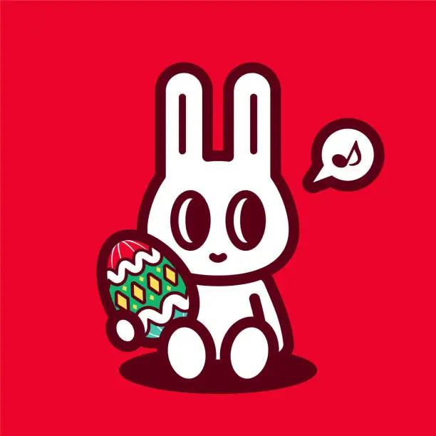 Vector illustration of A cute bunny holding an Easter Egg, sits on the ground, looking to his left side