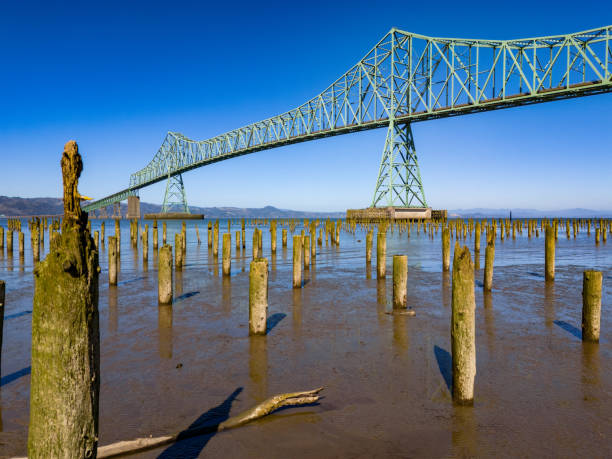 Astoria-Megler Bridge Columbia River Washington Oregon Coast at low tide.